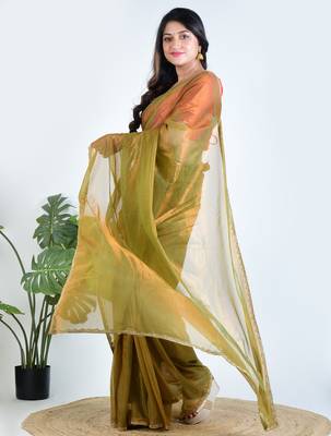 Green plain tissue unstitched blouse piece saree 4