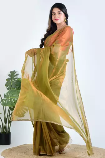 Green plain tissue unstitched blouse piece saree