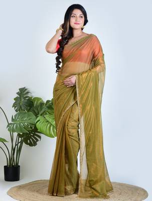 Green plain tissue unstitched blouse piece saree 5