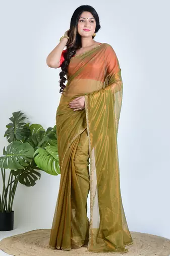 Green plain tissue unstitched blouse piece saree