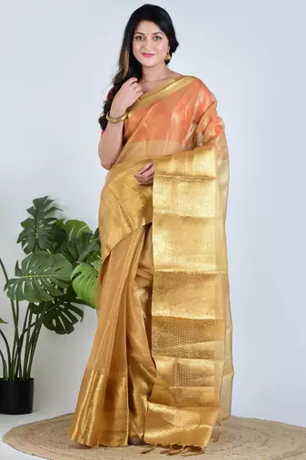 Gold plain tissue unstitched blouse piece elegant traditional saree