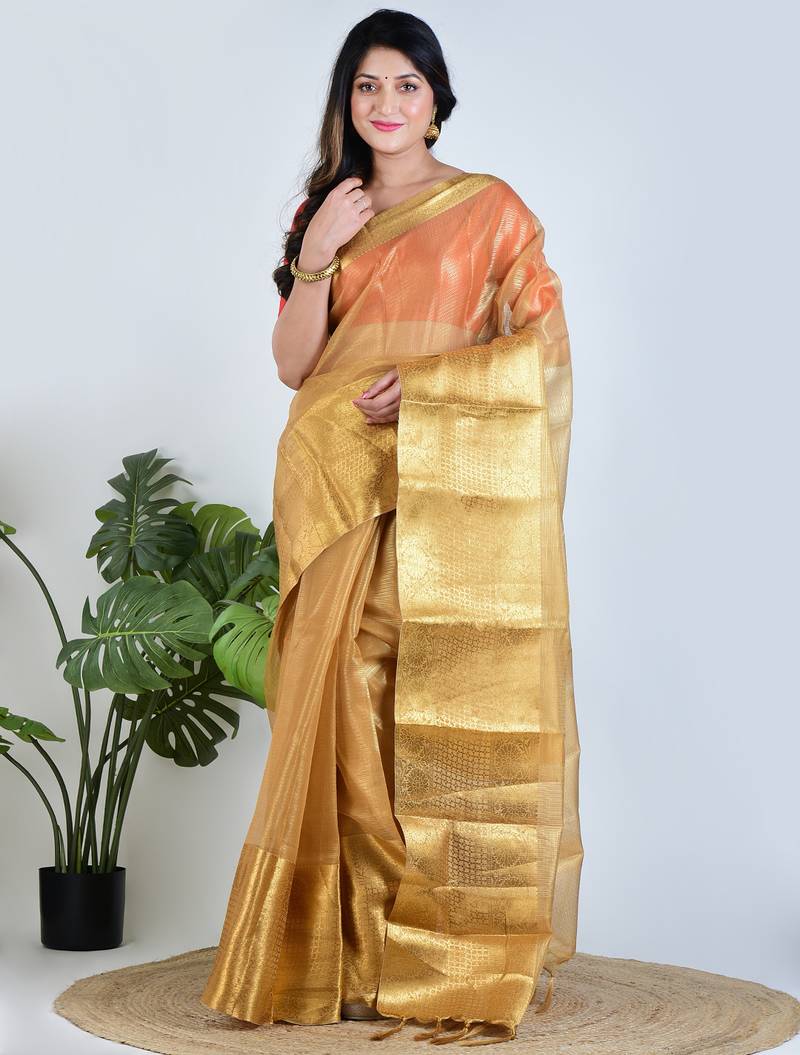 Gold plain tissue unstitched blouse piece elegant traditional saree