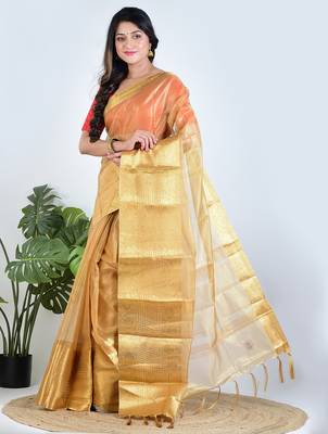 Gold plain tissue unstitched blouse piece elegant traditional saree 2