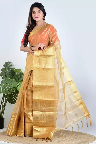Gold plain tissue unstitched blouse piece elegant traditional saree