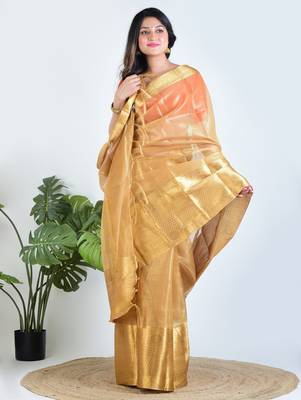 Gold plain tissue unstitched blouse piece elegant traditional saree 3