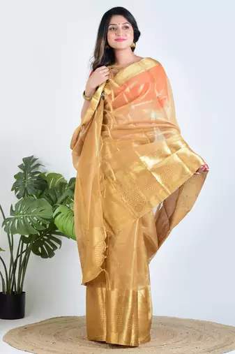 Gold plain tissue unstitched blouse piece elegant traditional saree