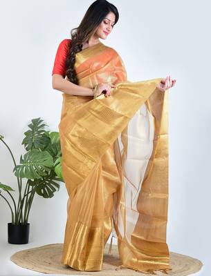 Gold plain tissue unstitched blouse piece elegant traditional saree 4
