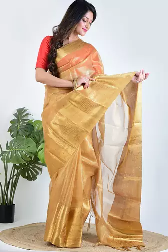 Gold plain tissue unstitched blouse piece elegant traditional saree