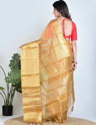 Gold plain tissue unstitched blouse piece elegant traditional saree 5