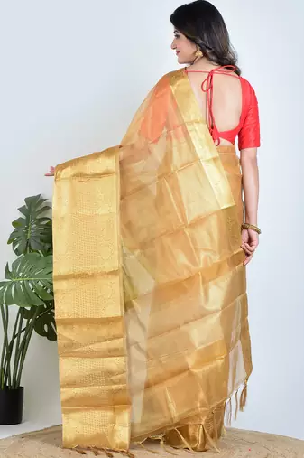Gold plain tissue unstitched blouse piece elegant traditional saree