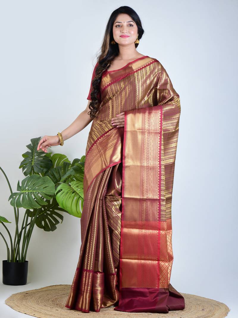 Gold hand woven tissue unstitched blouse piece elegant traditional saree