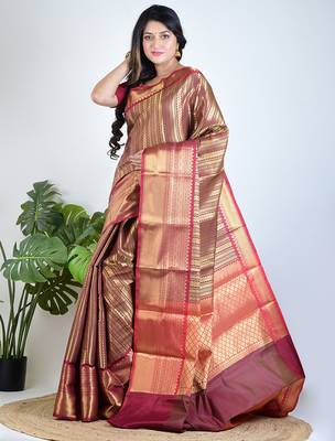 Gold hand woven tissue unstitched blouse piece elegant traditional saree 2