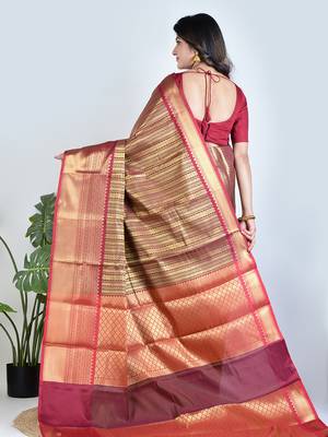 Gold hand woven tissue unstitched blouse piece elegant traditional saree 3