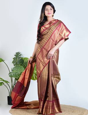 Gold hand woven tissue unstitched blouse piece elegant traditional saree 4
