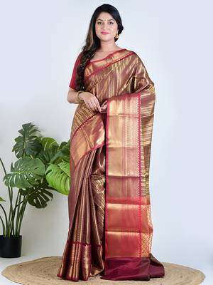 Gold hand woven tissue unstitched blouse piece elegant traditional saree 5