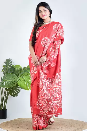 Red printed silk unstitched blouse piece elegant traditional saree