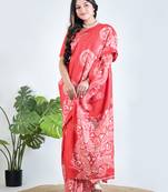 Red printed silk unstitched blouse piece elegant traditional saree