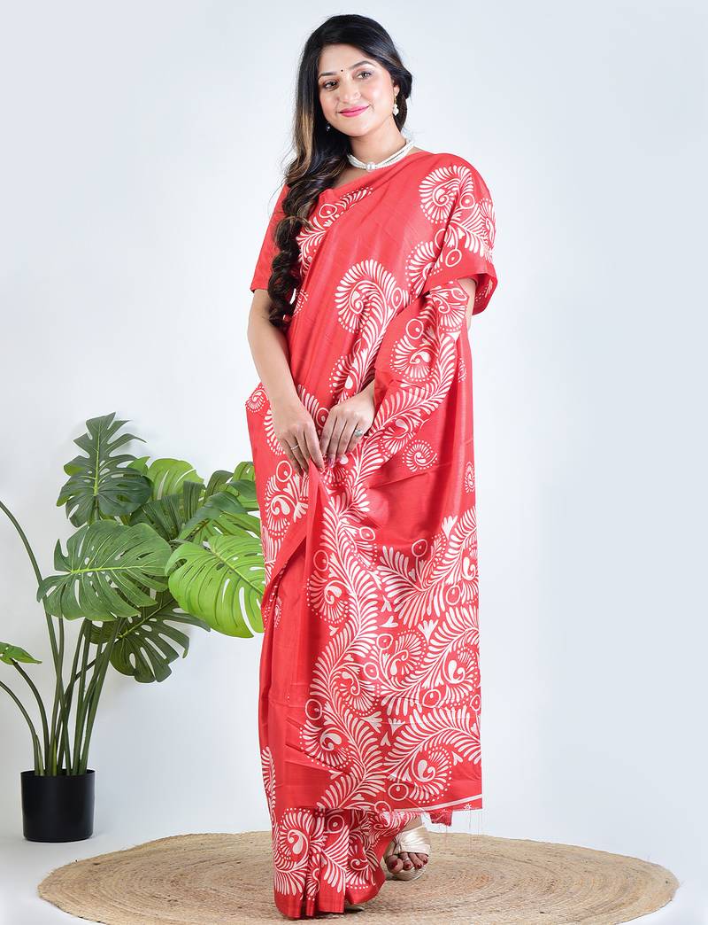 Red printed silk unstitched blouse piece elegant traditional saree