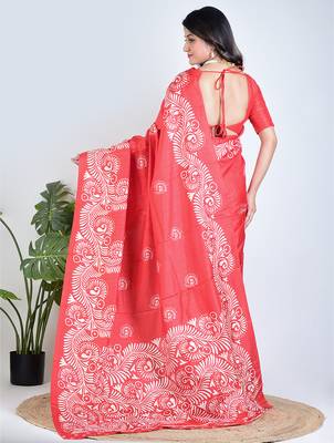 Red printed silk unstitched blouse piece elegant traditional saree 2