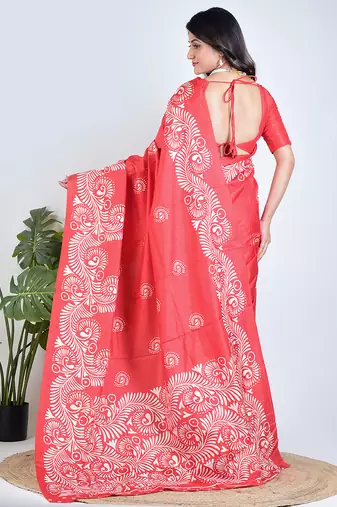 Red printed silk unstitched blouse piece saree
