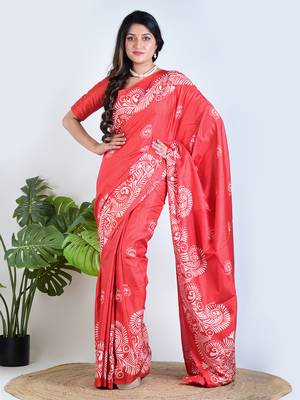 Red printed silk unstitched blouse piece elegant traditional saree 3