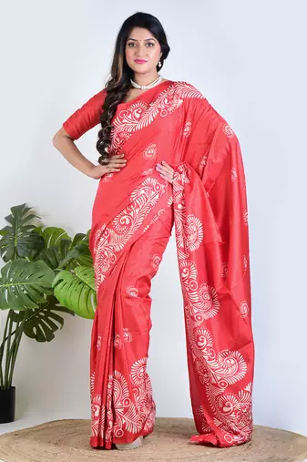 Red printed silk unstitched blouse piece saree
