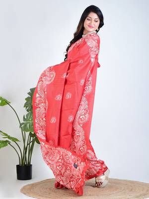 Red printed silk unstitched blouse piece elegant traditional saree 4