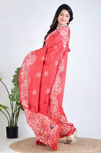Red printed silk unstitched blouse piece saree
