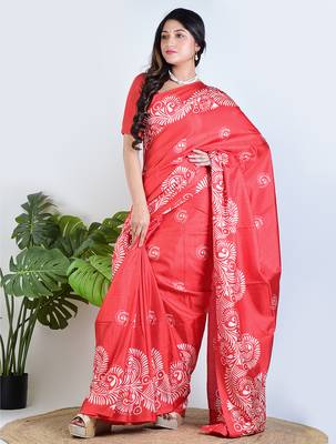 Red printed silk unstitched blouse piece elegant traditional saree 5