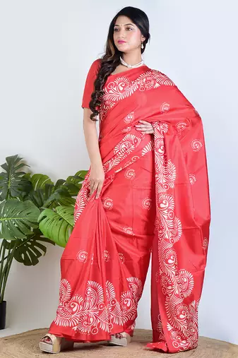 Red printed silk unstitched blouse piece saree