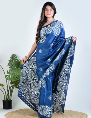 Blue printed silk unstitched blouse piece elegant traditional saree 1