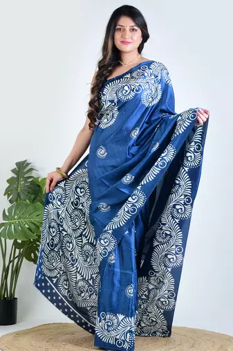 Blue printed silk unstitched blouse piece elegant traditional saree