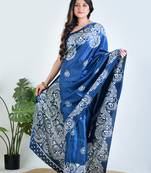 Blue printed silk unstitched blouse piece elegant traditional saree