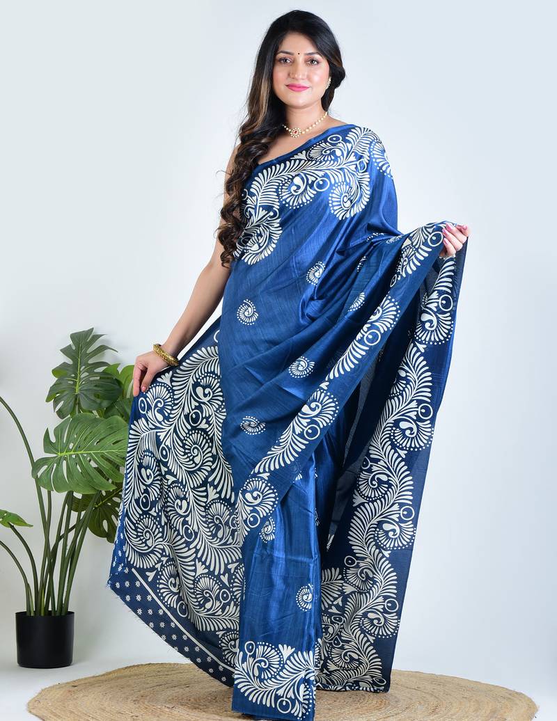 Blue printed silk unstitched blouse piece elegant traditional saree