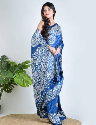 Blue printed silk unstitched blouse piece elegant traditional saree 2