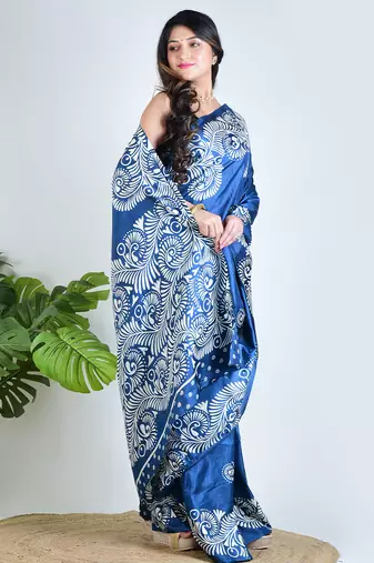 Blue printed silk unstitched blouse piece elegant traditional saree