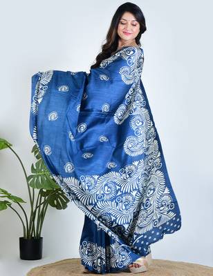 Blue printed silk unstitched blouse piece elegant traditional saree 3
