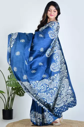 Blue printed silk unstitched blouse piece elegant traditional saree