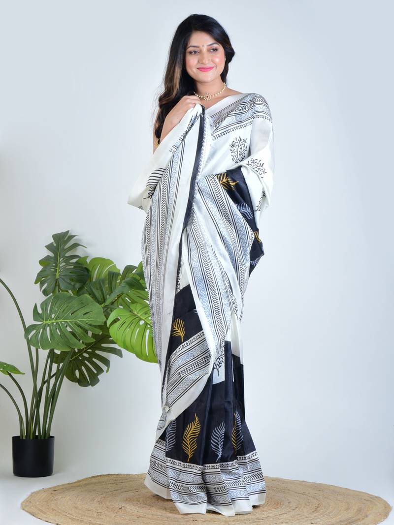 White printed silk unstitched blouse piece elegant traditional saree