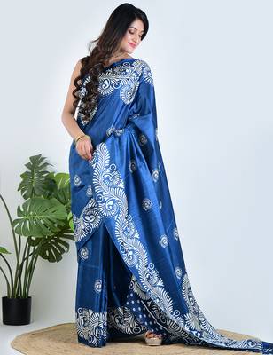 Blue printed silk unstitched blouse piece elegant traditional saree 4