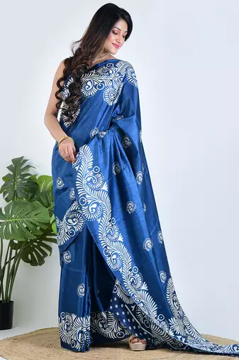 Blue printed silk unstitched blouse piece elegant traditional saree