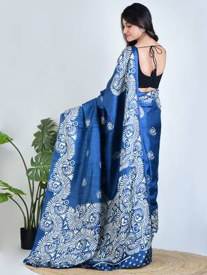 Blue printed silk unstitched blouse piece elegant traditional saree 5