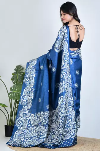 Blue printed silk unstitched blouse piece elegant traditional saree