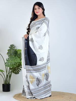 White printed silk unstitched blouse piece elegant traditional saree 2