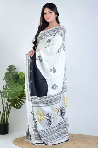 White printed silk unstitched blouse piece elegant traditional saree