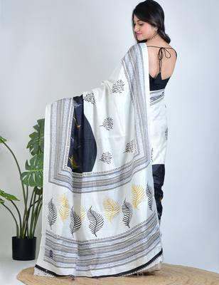 White printed silk unstitched blouse piece elegant traditional saree 3