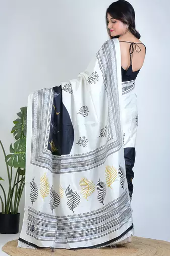 White printed silk unstitched blouse piece elegant traditional saree