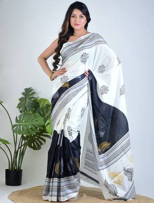 White printed silk unstitched blouse piece elegant traditional saree 4