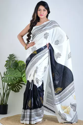 White printed silk unstitched blouse piece elegant traditional saree