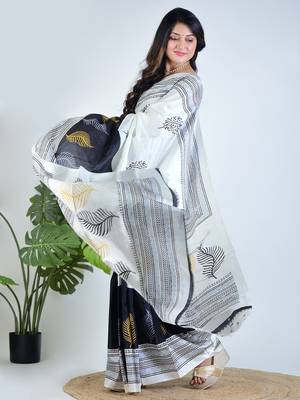 White printed silk unstitched blouse piece elegant traditional saree 5